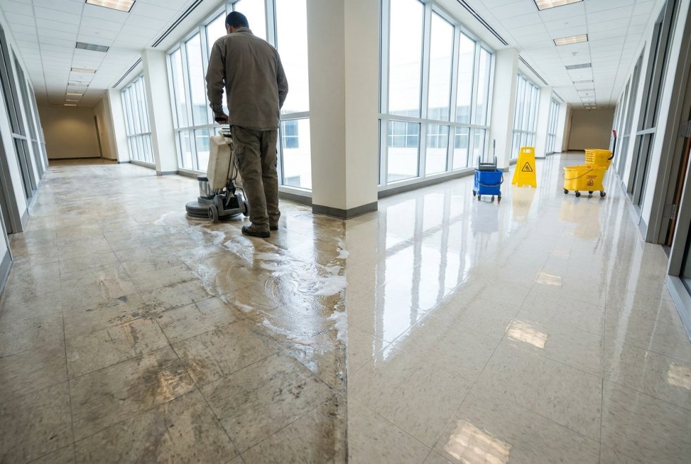 Janitor stripping and waxing VCT floors in a bright office hallway with mop buckets and caution signs.